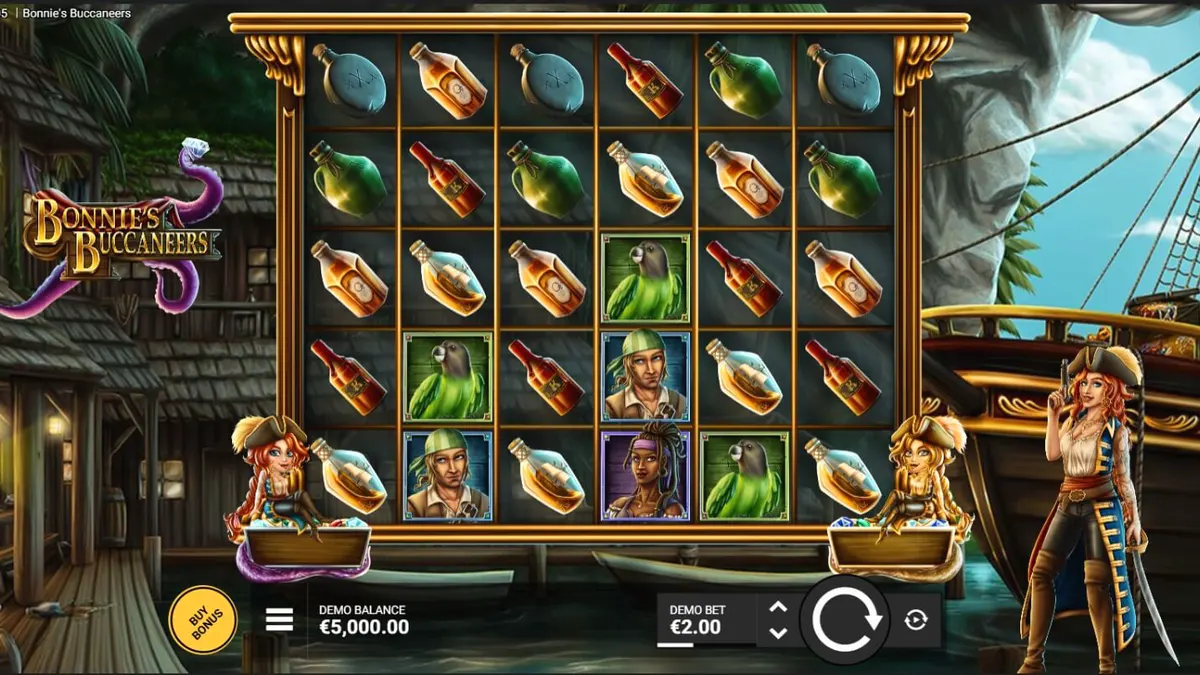Tampilan layar permainan slot Bonnie’s Buccaneers dengan tema bajak laut dan fitur multiplier.